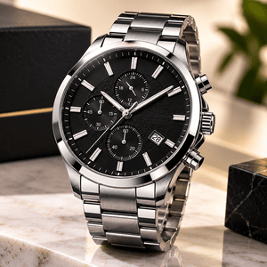 Men's Stainless Steel Watch with Black Dial