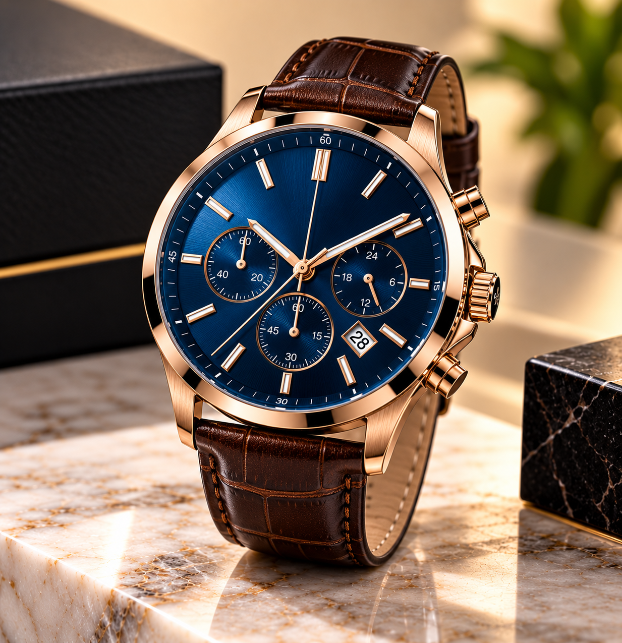 Men’s Elegant Blue Dial Leather Watch