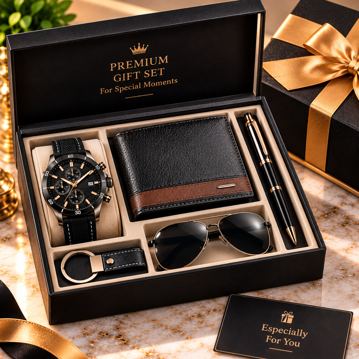 Men’s Premium 5-Piece Gift Set – Watch, Wallet, Sunglasses, Keychain & Pen