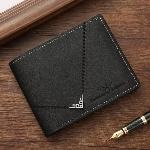 Men's black bifold wallet with decorative stitching – SmartBuyder Qatar